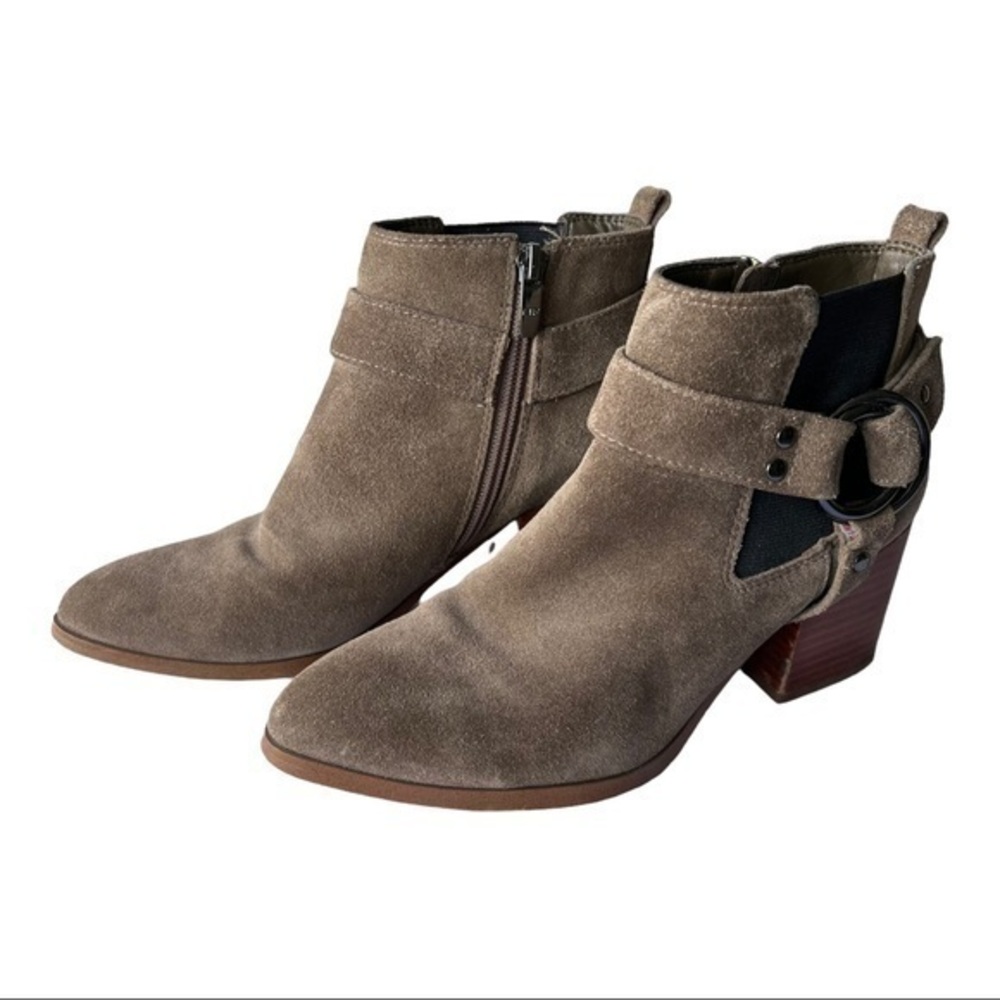 Marc Fisher View Suede Harness Pointed Toe Block Heel Booties Size 6.5